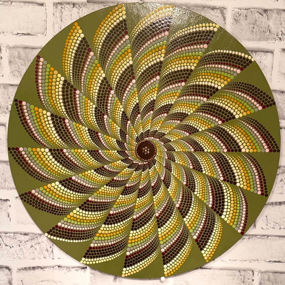Natural Energy Spiral Mandala – Pointillist Art on Wood 45 cm. Wall art.